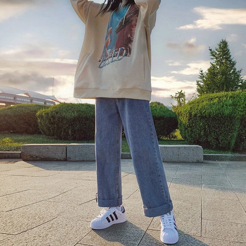 Jeans Women Harajuku Students Fashion Ulzzang All-match Denim Trousers Full-length Solid Casual Loose Ladies Ins Street Style