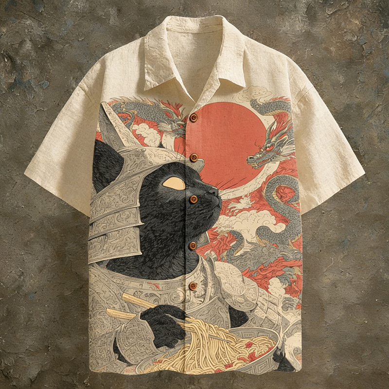 Men's Japanese-style Fun Cat And Dragon Pattern Linen Short-sleeved Shirt  artssus