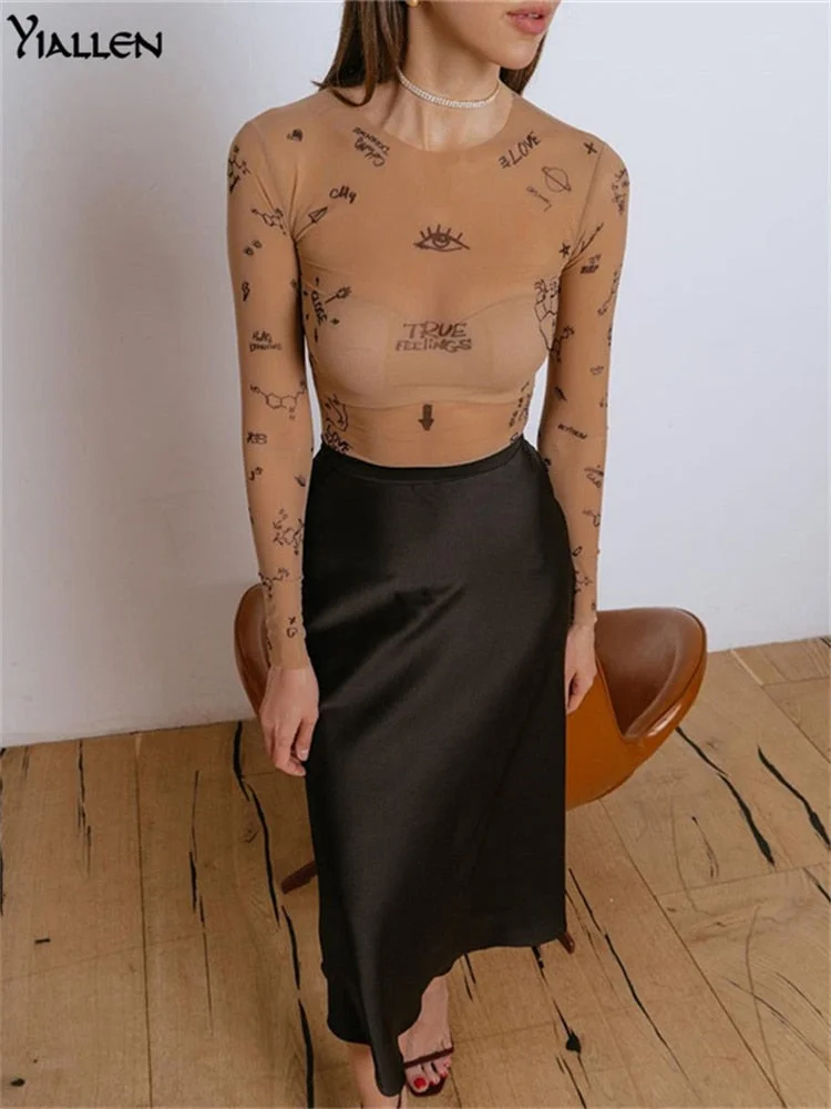 Yiallen Sexy Tight-Fitting One-Piece Top Woman Long-Sleeved Neck Print Collar Party Dress Was Thin And SummerClothes For Women