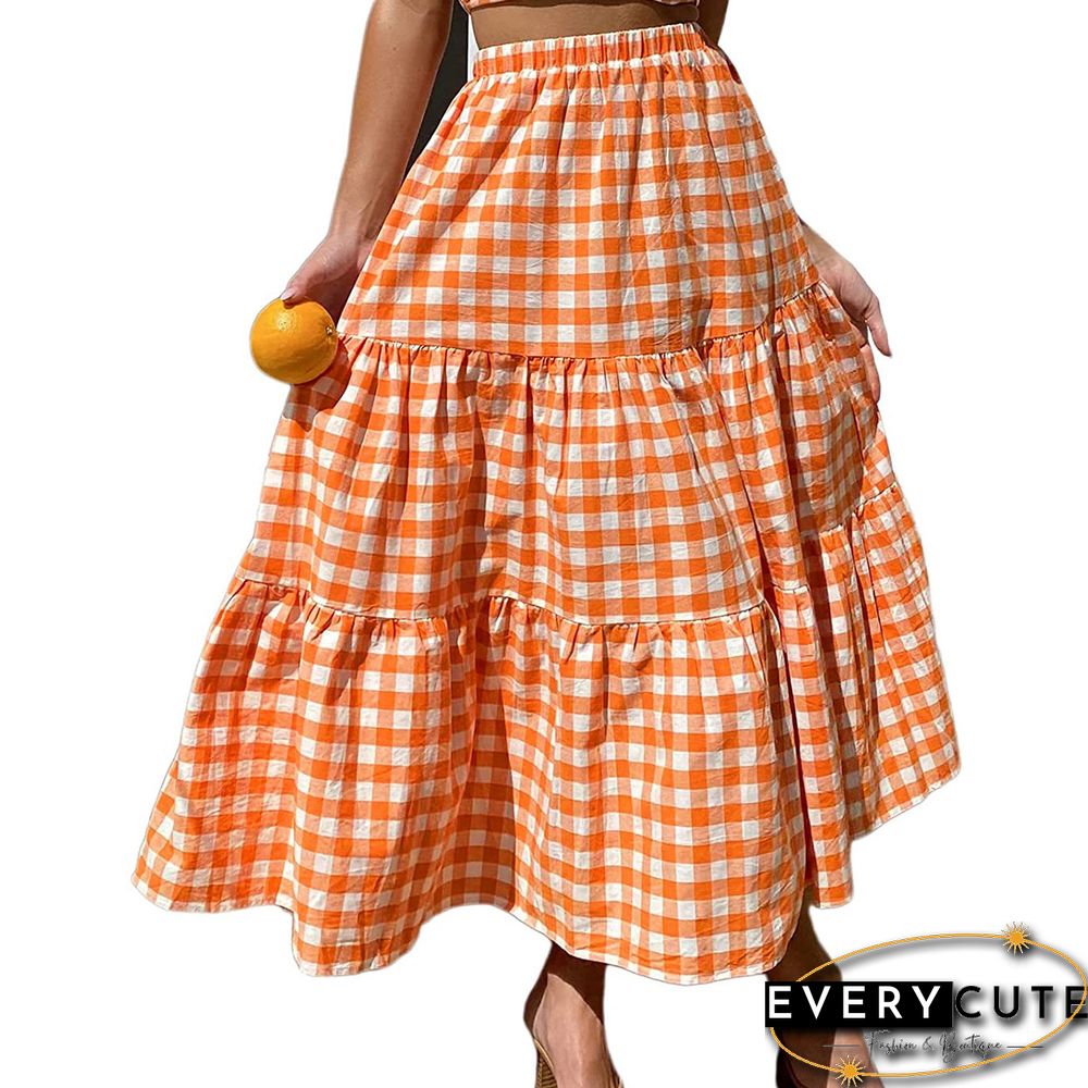 Orange Plaid Print Pocketed Maxi Skirt