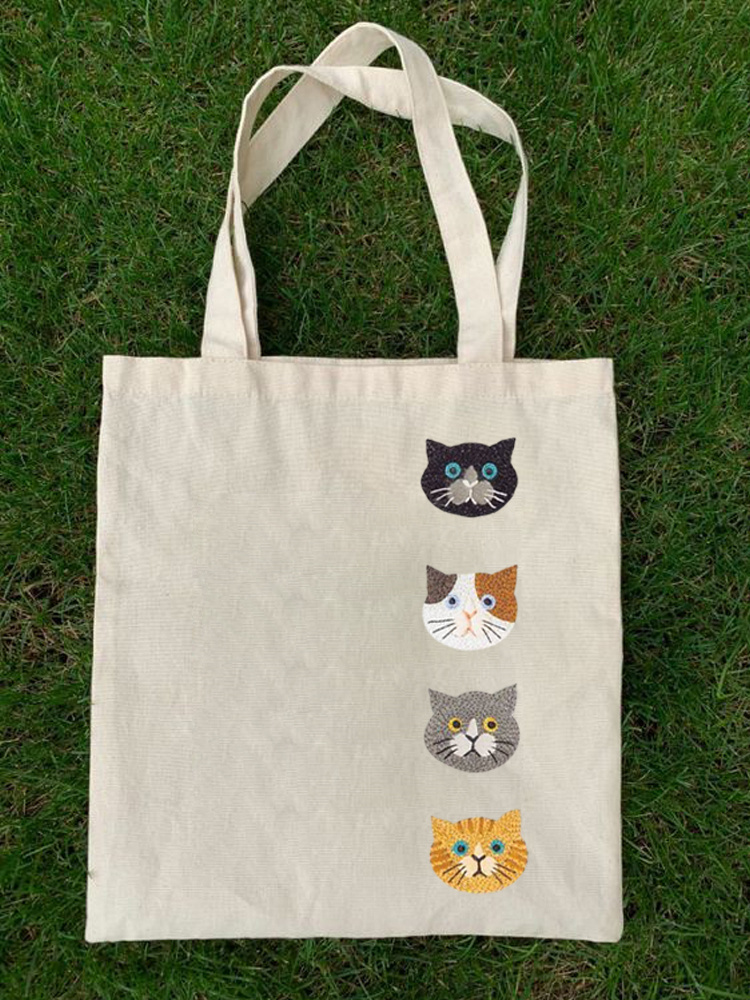 Comstylish Cute Cats Animal Embroidery Pattern Canvas Bag