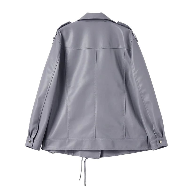 FTLZZ Spring Autumn New Women Soft Faux Leather Jacket Motorcycle Zipper Loose Pu Punk Coat Female Rivet Casua BF Style Overcoat