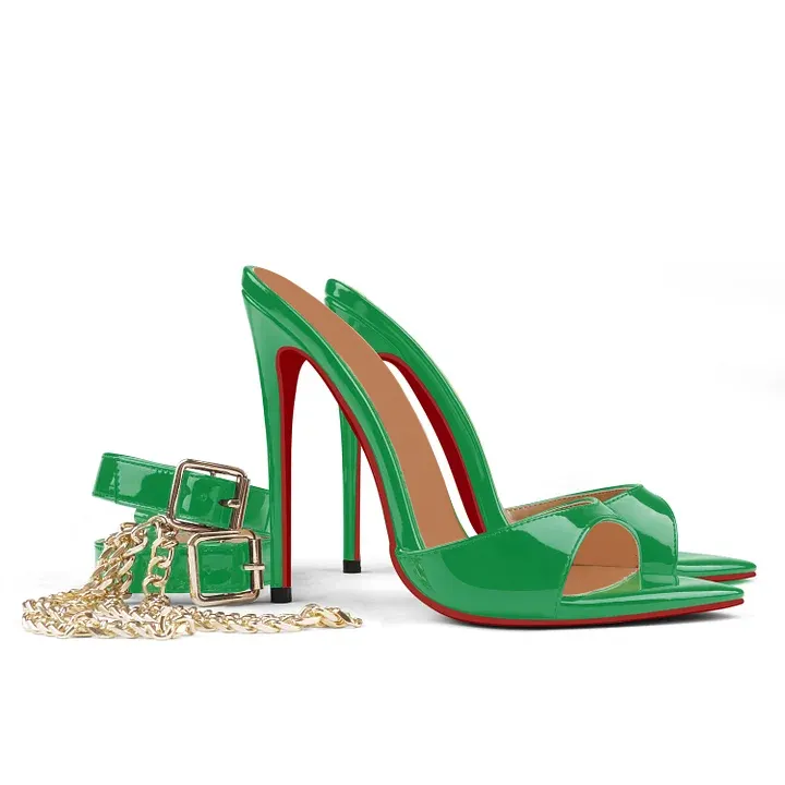 120mm Women's Sandals Removable Chain Ankle Strap Pointed Toe Mules Heels-vocosishoes