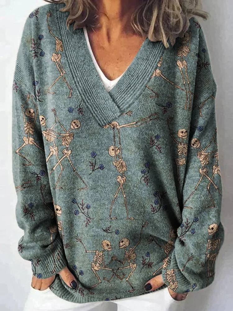 Weird Romantic Skull Pas De Deux Decorative Pattern Knit V-neck Pullover Sweater