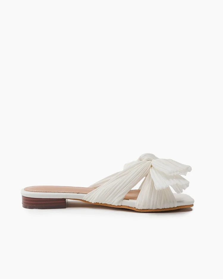 Pleated Bow Open Toe Comfort Slip On Slide Flat Sandals