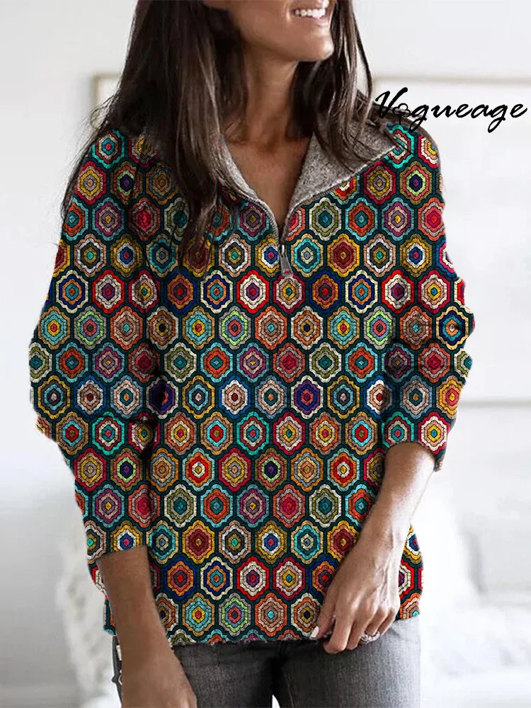 Retro Steady And Warm Regular Geometric Pattern Zippered Long-Sleeved Sweater