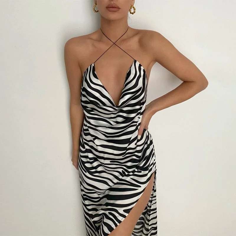 Articat Zebra Printed Sexy High Split Backless Midi Dress Women 2021 Summer Halter Ruched Ladies Vestidos Club Partywear Hot