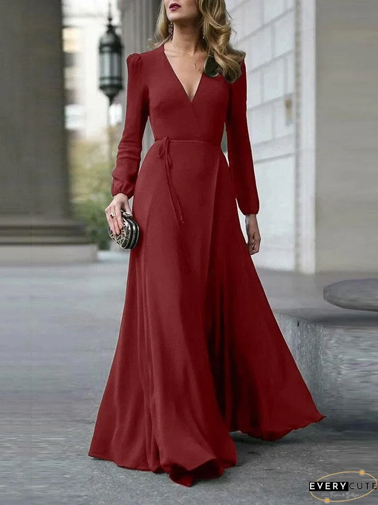 Elegant Solid V-neck Lace-up Dress