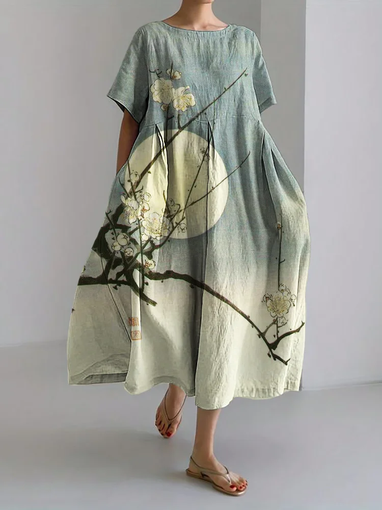 Plum Blossom Full Moon Gradient Japanese Art Linen Blend Maxi Dress