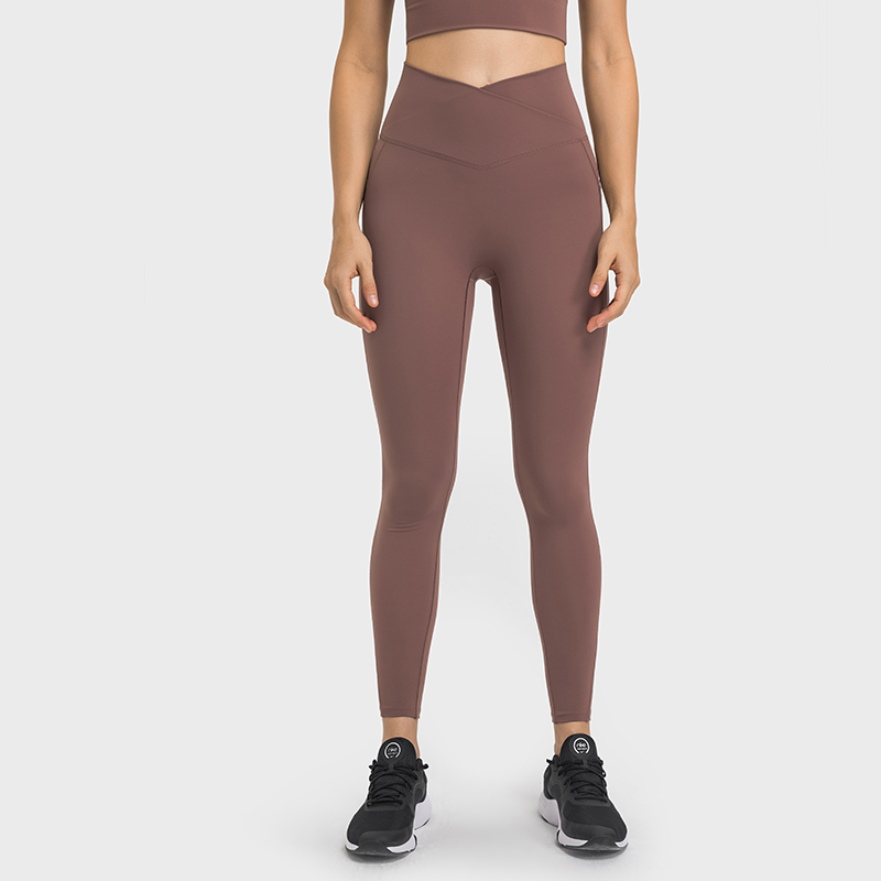 Buy Hergymclothing Smoky Brown no camel toe quick dry bubble peach butt lifting naked feeling skin friendly cross waist yoga pants with phone pockets online