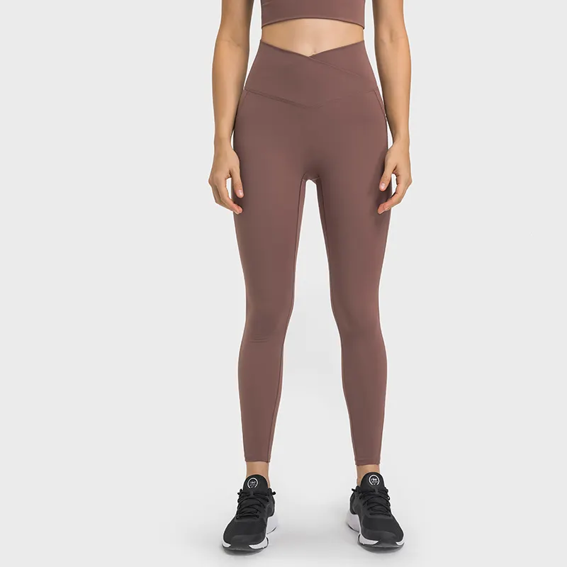 Buy Hergymclothing Smoky Brown no camel toe quick dry bubble peach butt lifting naked feeling skin friendly cross waist yoga pants with phone pockets online