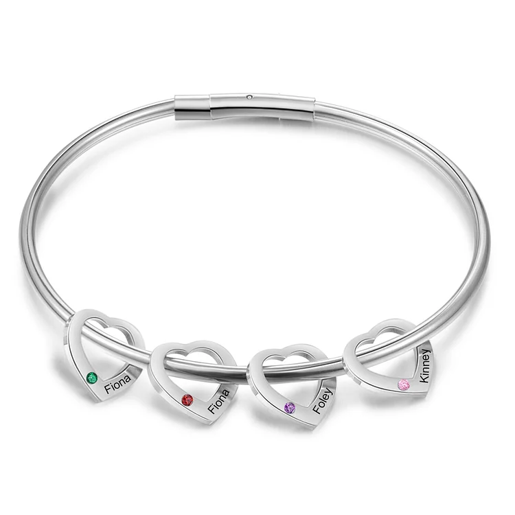 4 Names-Personalized Heart Bracelet With 4 Birthstones Bangle Engraved Names Bracelet Gift For Women