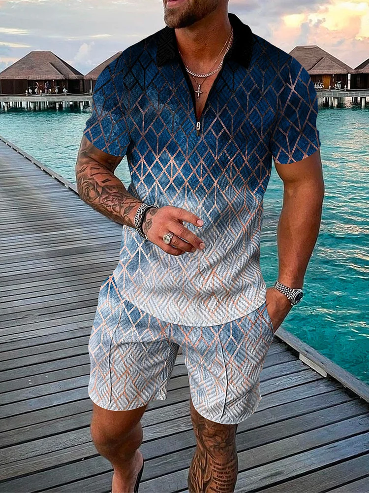 Men's Fashion Printed Zip Polo Shirt and Shorts Two-Piece Suits
