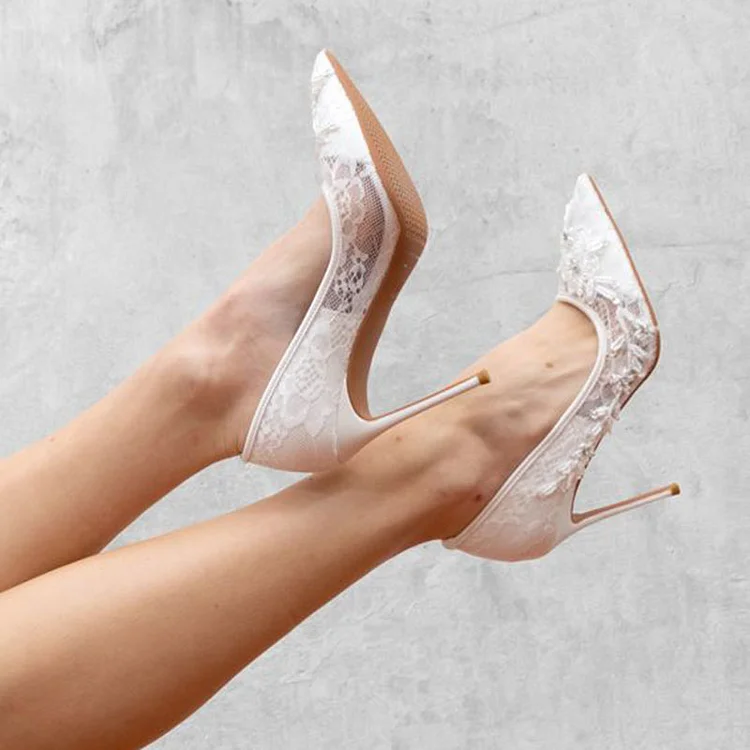 Ivory Lace Floral Stiletto Pumps for Weddings Vdcoo