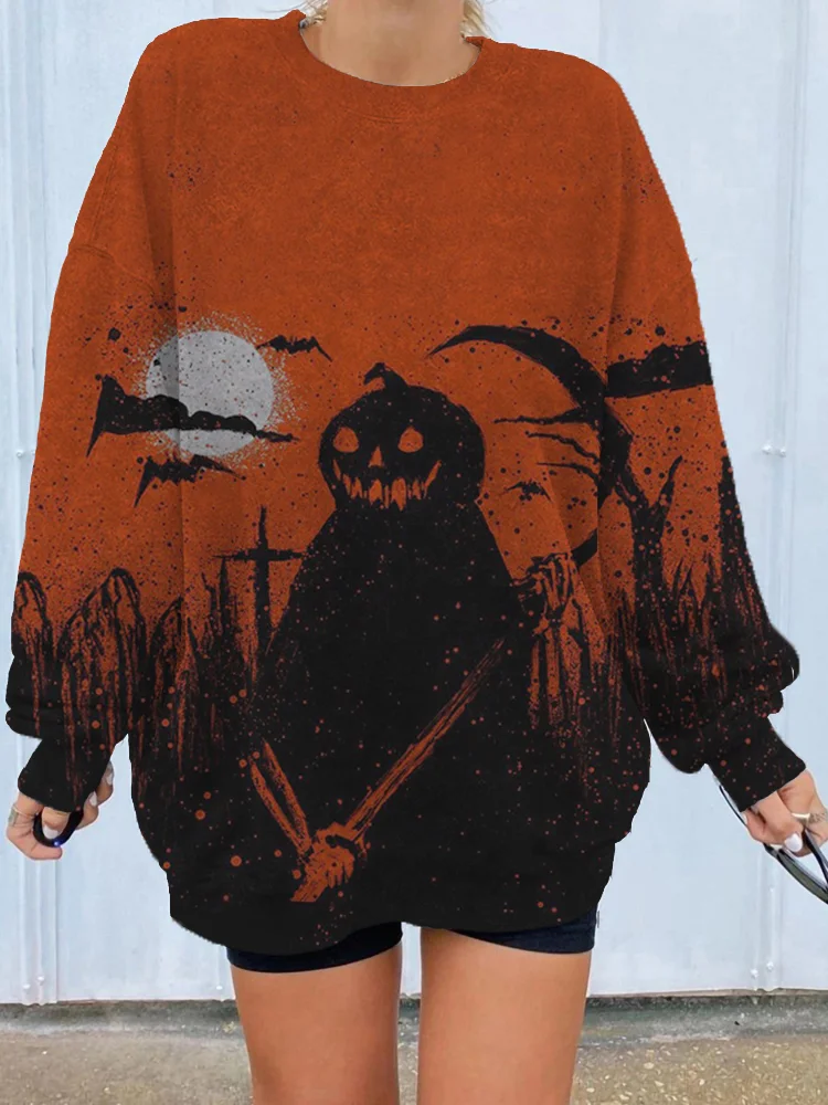 Women's Vintage Halloween Pumpkin Ghost Art Sweatshirt