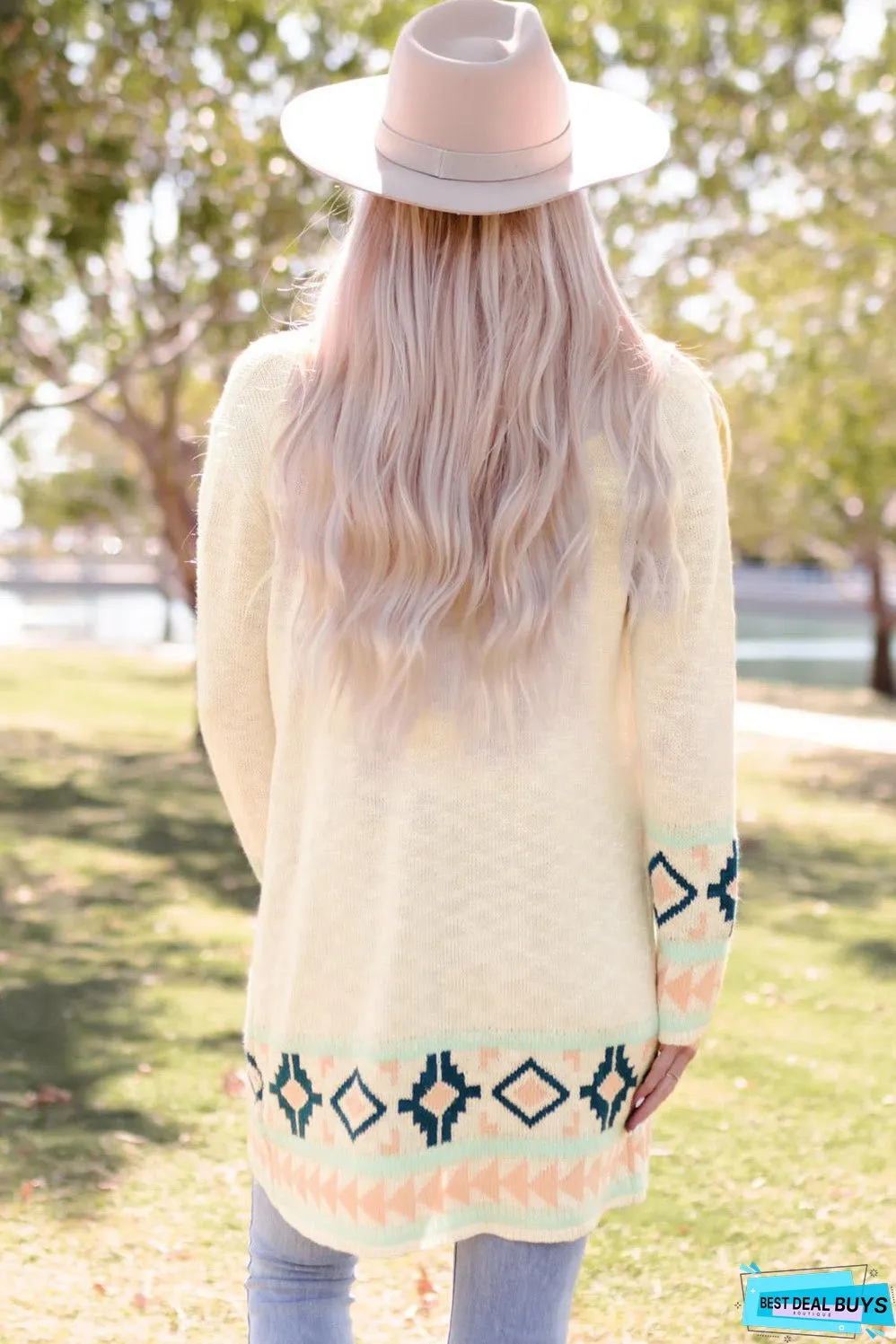 Aztec Khaki Western Print Open Front Cardigan