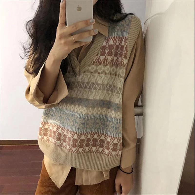 Korean Casual V Neck Knitted Sweater Vest Women Autumn Floral Print Sleeveless Sweater Pullovers Roupas Feminina Vetement Femme