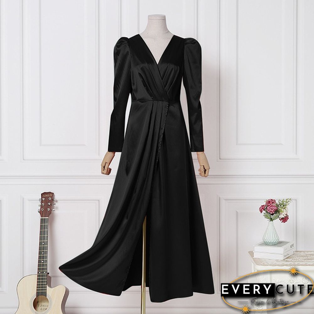 Womens V-Neck Cocktail Prom Sexy Kaftan Evening Split Silky Satin Maxi Dress Party Plus