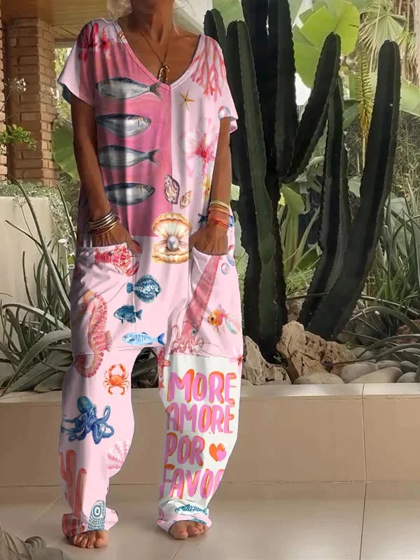 Casual Ocean World Art Print V Neck Jumpsuit