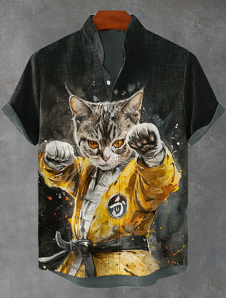 Men's Bruce Lee Martial Arts Cat Ink Painting Short Sleeve Linen Blend Shirt