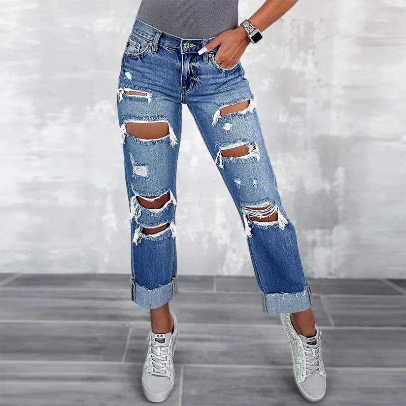 Women's Ladies Ripped Jeans Pocket Straight Boyfriend Jeans