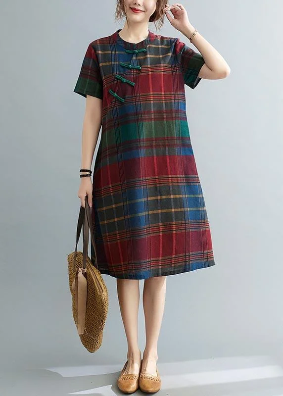 Fitted Plaid Oriental Cotton Linen Summer Dress ( Limited Stock)