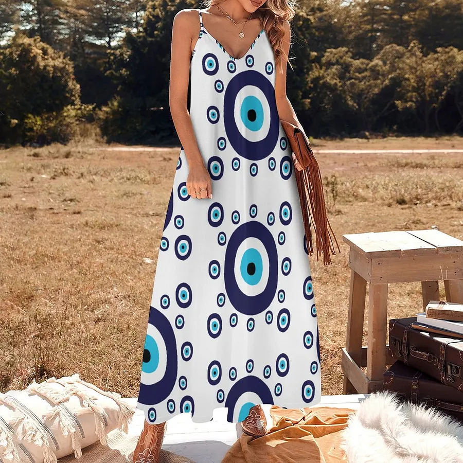 Beach Boho Mediterranean Blue Evil Eye Women's Casual Strappy V Neck Sleeveless Flowy Loose Long Maxi Beach Dress Sundress Blue-XL