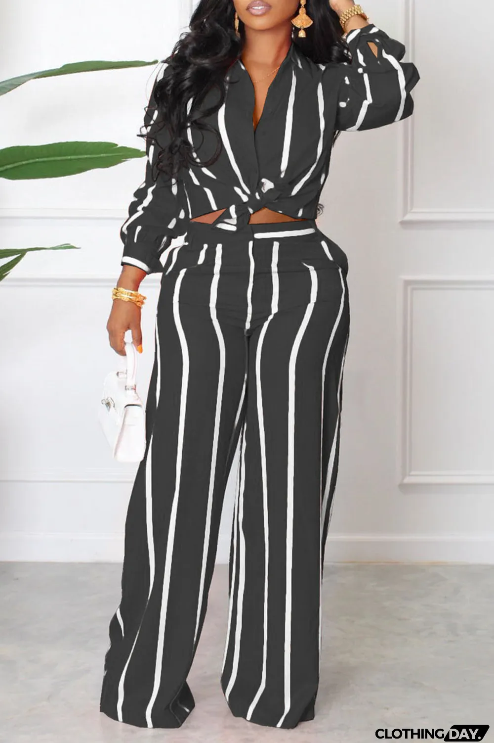 White Casual Striped Print Patchwork Turndown Collar Long Sleeve Two Pieces