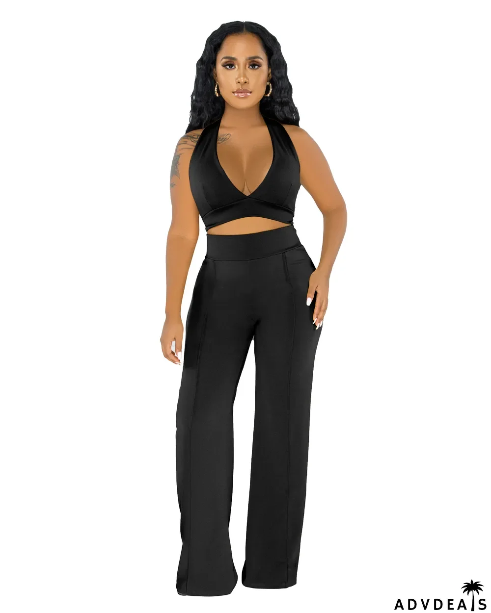 Summer Party Solid Color Halter Crop Top and High Waist Pants Set