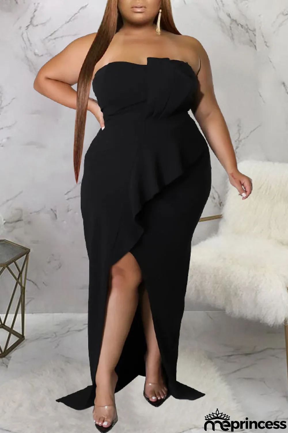 Black Sexy Solid Patchwork Flounce Slit Asymmetrical Strapless Evening Dress Plus Size Dresses