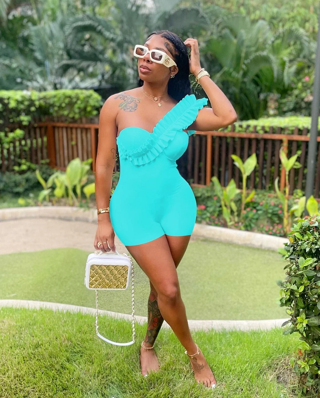 CM.YAYA Women Ruffles Spicing One Shoulder Sweetheart Neck White Bodycon Stretch Romper and Playsuit 2022 Summer Sexy Overall