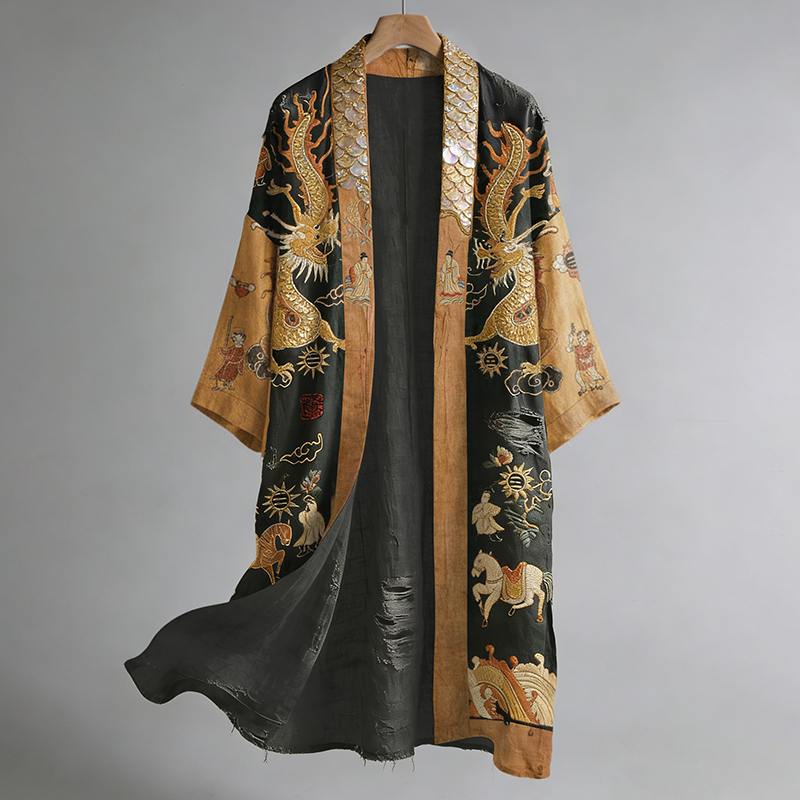 Retro Dragon Mural-inspired Pattern Casual Linen Blend Kimono  artssus