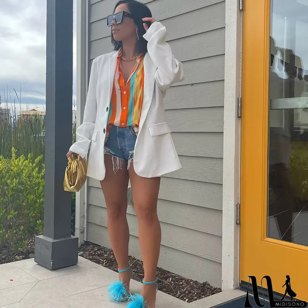 MidiSono - Women Sexy Short Front Back Long Casual Colorful Striped Loose Shirt