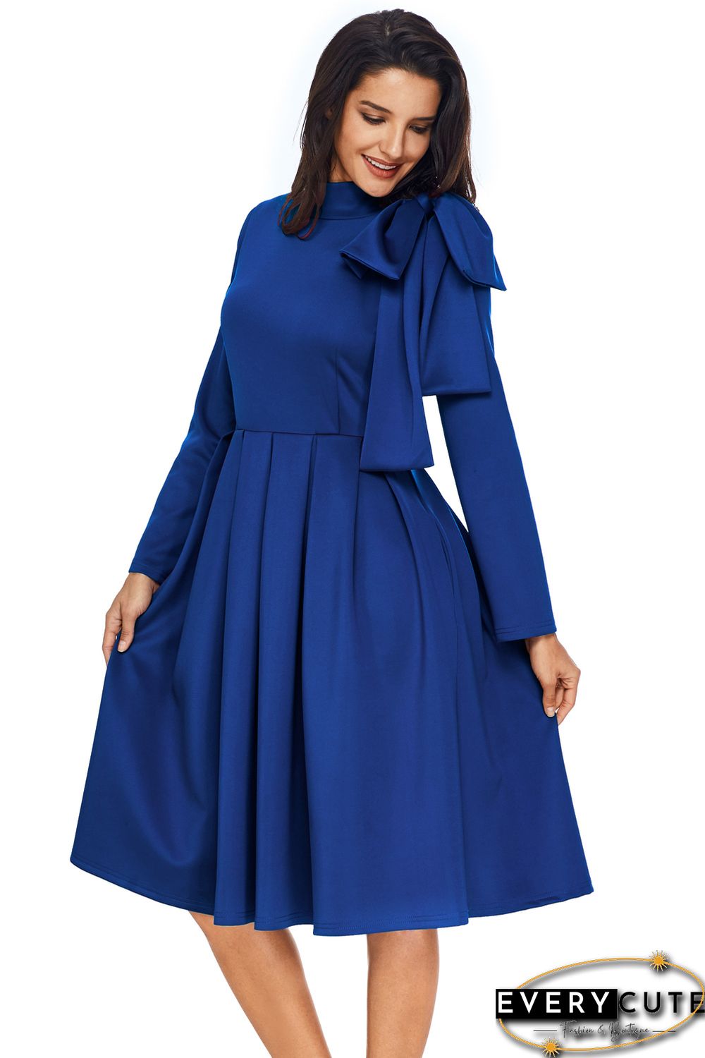 Royal Blue Bowknot Embellished Mock Neck Pocket Dress