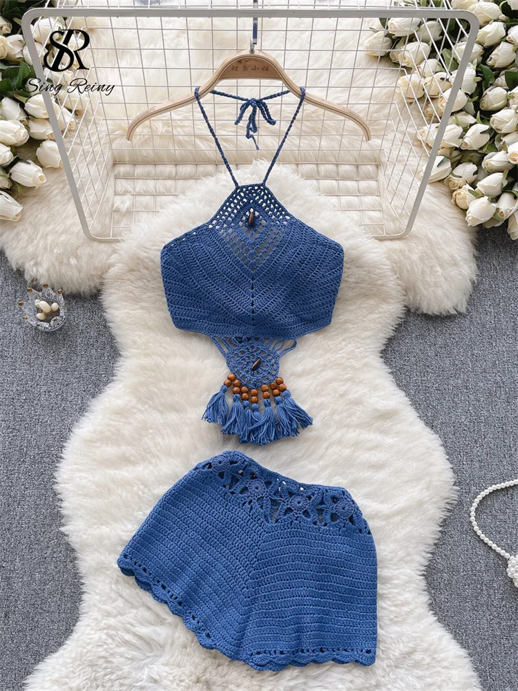 Huibahe Bohemian Knit Two Pieces Suits Women Lace Up Halter Tassel Backless Tops+Hook Flower Hollow Out Shorts Sexy Beach Sets