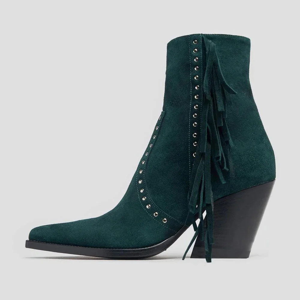 Teal Pointed Toe Block High Heel Studded Fringe Ankle Boots