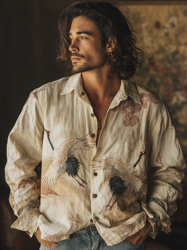 Vintage Japanese Crane Retro Printed Linen And Cotton Collar Shirt  artssus
