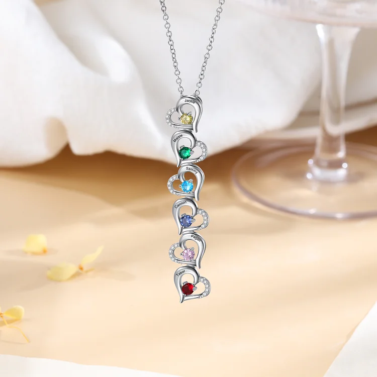 Personalized Heart Birthstone Necklace Custom 6 Names for Family