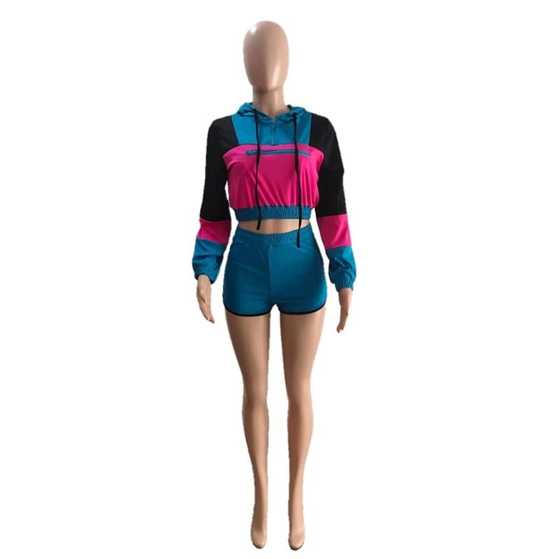 hirigin Patchwork Two Piece Set Long Sleeve Hooded Crop Top Biker Shorts Fall Outfits Tracksuit Women Clothes Sexy Matching Sets