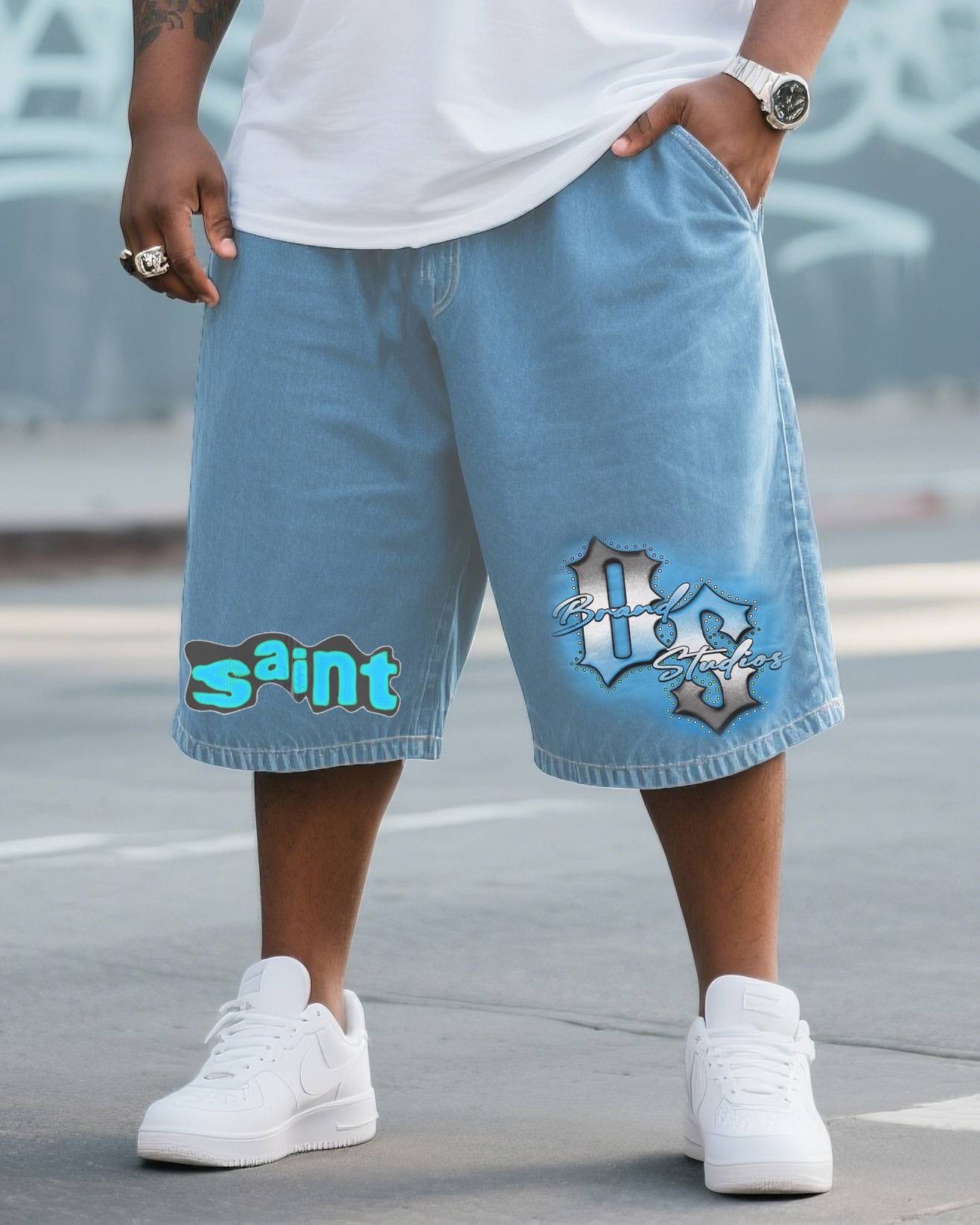 Big & Tall Men's Street Fashion Original Design Saint Letter Hot Stamping Washing Water Denim Shorts