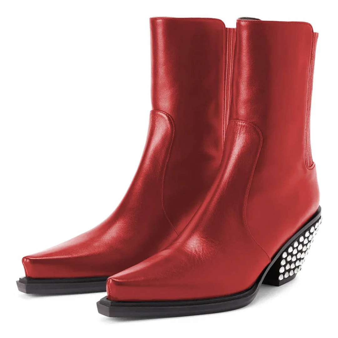 Vegan Leather Rhinestone Red Pointed Toe Cowgirl Boots for Women