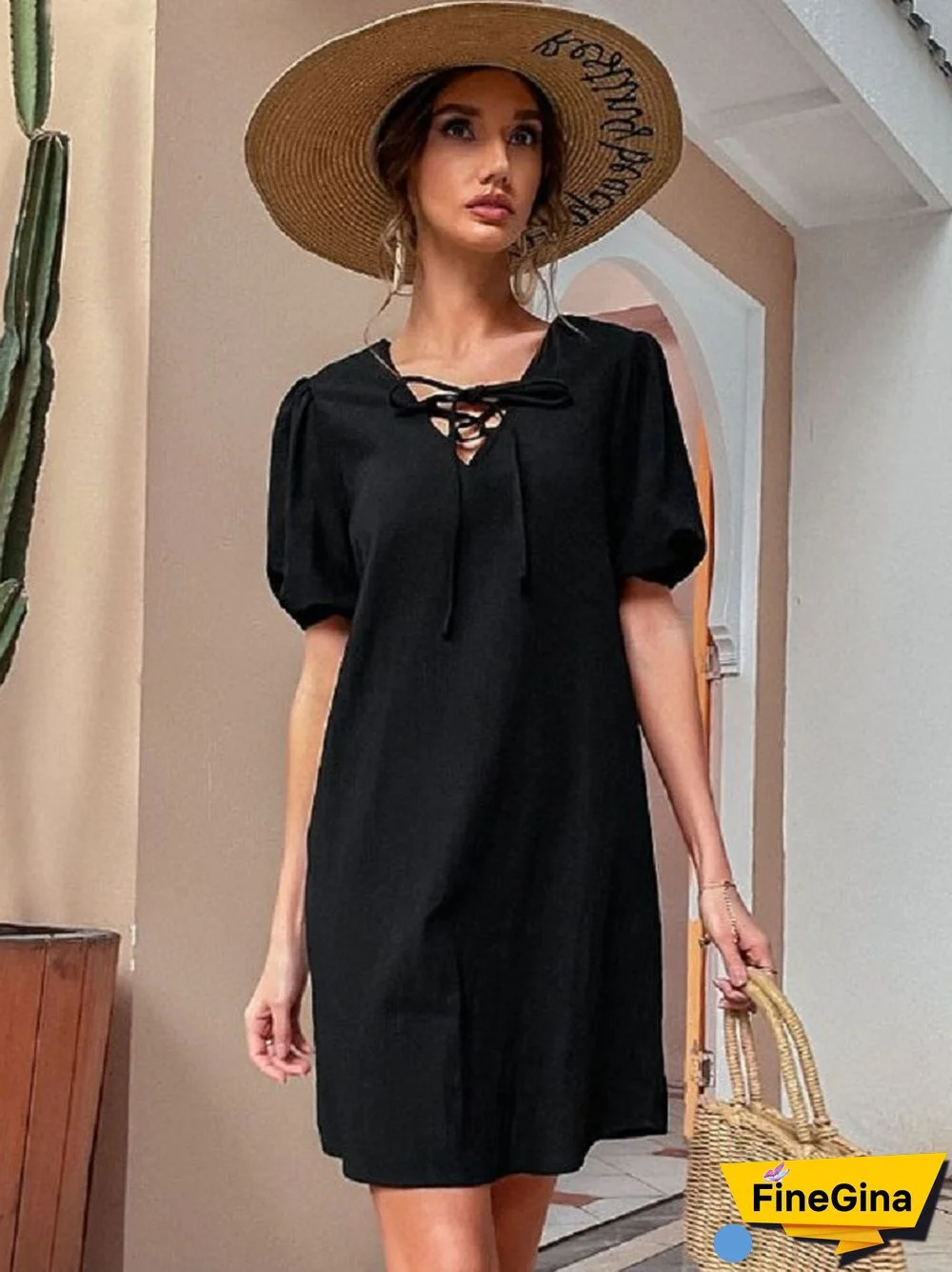 Casual Cotton and Linen Temperament Loose Strap Dress Black Dresses