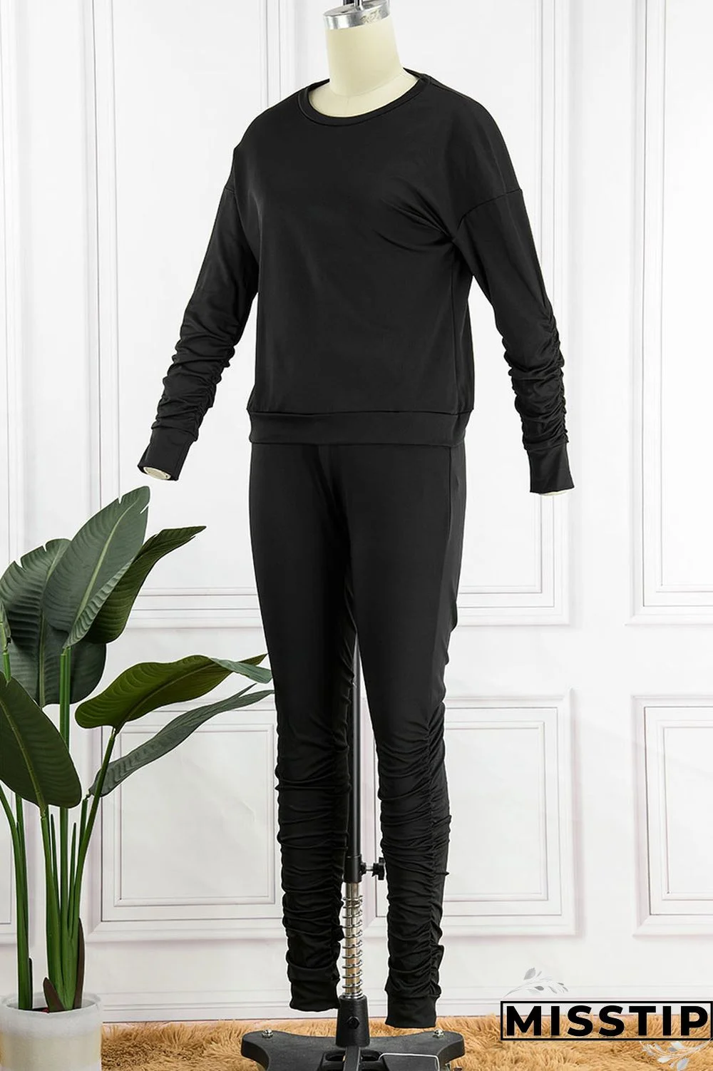 Black Casual Sportswear Solid Patchwork O Neck Long Sleeve Two Pieces