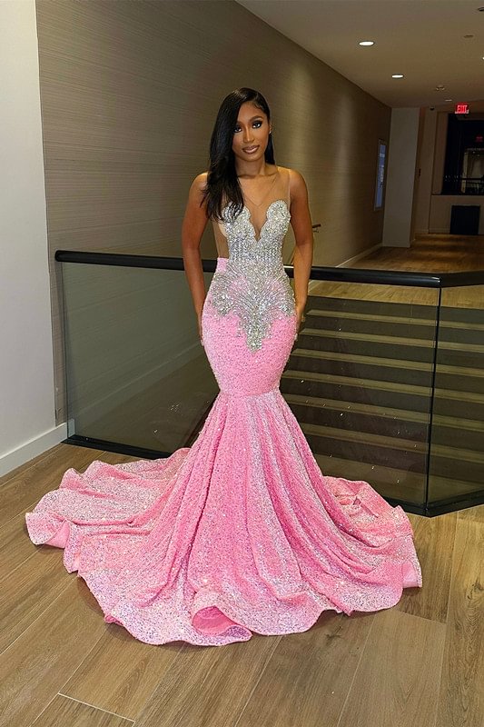 Glamorous Pink Straps Mermaid Beaded Prom Dress With Silver Sequins | Ballbellas Ballbellas