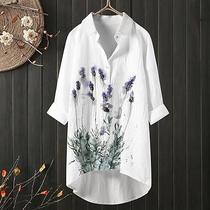 VChics Lavender Print Cotton Hemp Shirt Women Linen Blouse