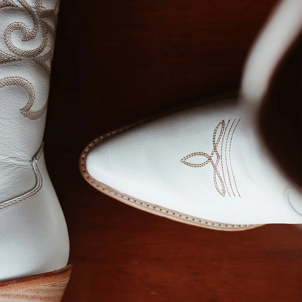 Women's Knee High Snip Toe Block Heel Embroidered White Cowgirl Boots
