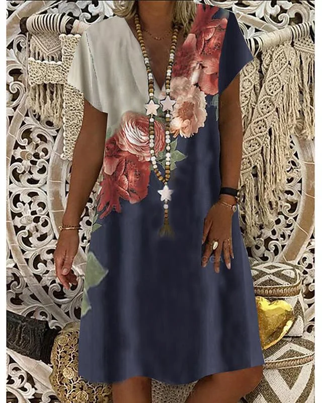 Women's Shift Dress Knee Length Dress - Short Sleeve Floral Clothing Summer V Neck Hot Casual vacation dresses Blue M L XL XXL 3XL