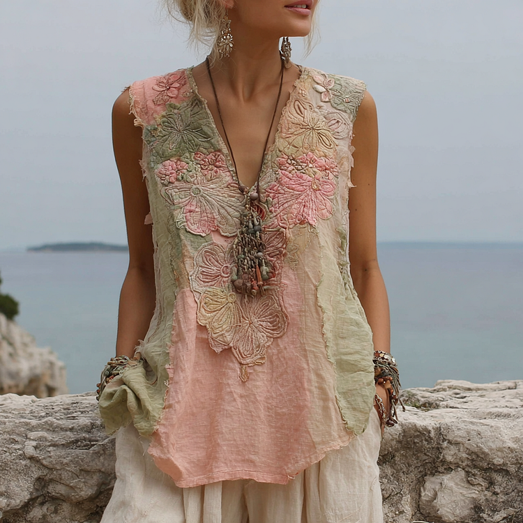 Women's Vintage Floral Patchwork Sleeveless Top