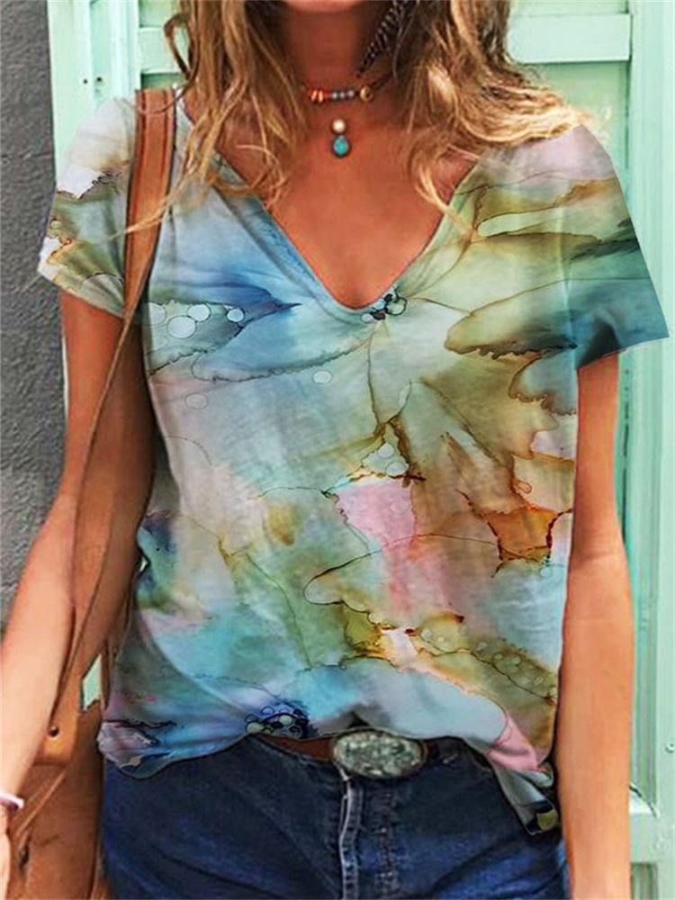 Comstylish Casual V Neck Colorful Floral Printed T Shirt