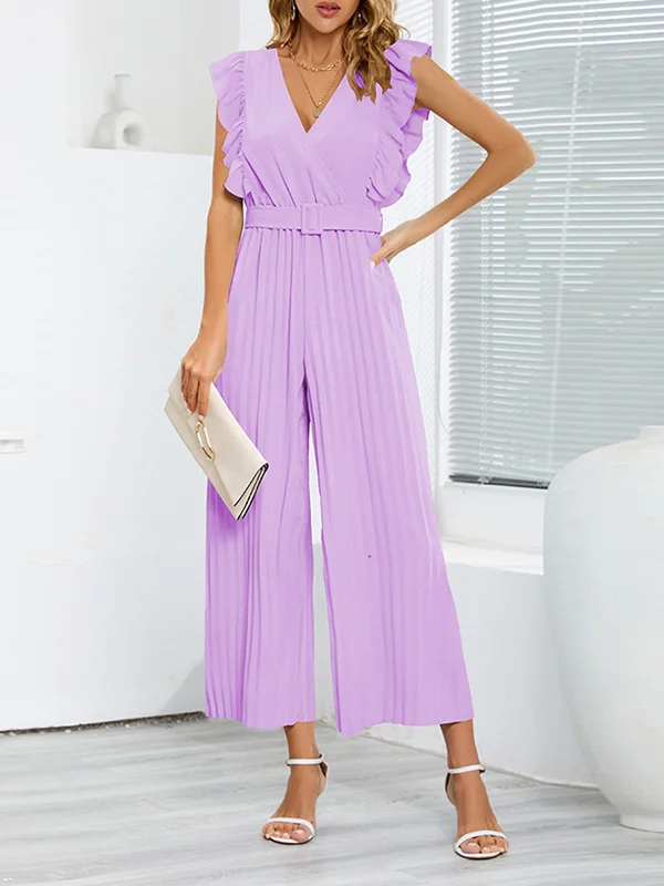 Belted Pleated Ruffled Solid Color High Waisted Loose V-Neck Jumpsuits